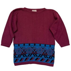 Herald House Vintage 80s Purple Blue Geometric Retro Sweater Made in USA Size S